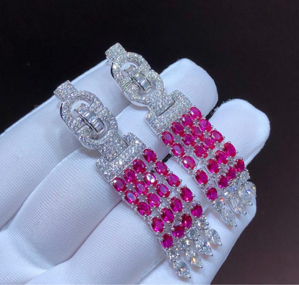 Bông Tai Cartier Nữ Chế Tác Ruby Kim Cương Vàng Trắng 18K (2)