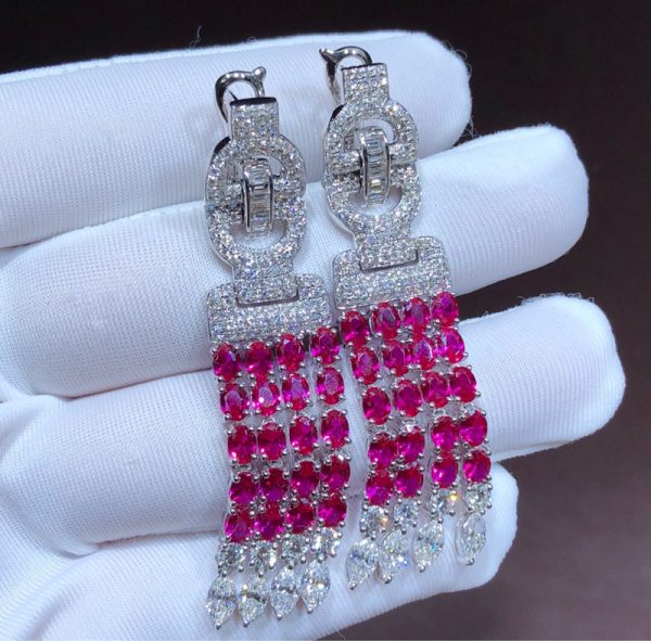 Bông Tai Cartier Nữ Chế Tác Ruby Kim Cương Vàng Trắng 18K (2)