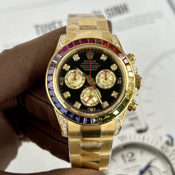 Đồng Hồ Rolex Daytona Rainbow Bọc Vàng Độ Moissanite Đá Quý Tổng Hợp 40mm (11)