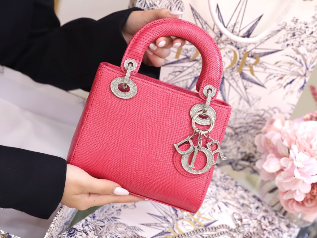 Túi Xách Dior Lady Nữ Da Thằn Lằn Màu Hồng Cận Auth 17cm (2)