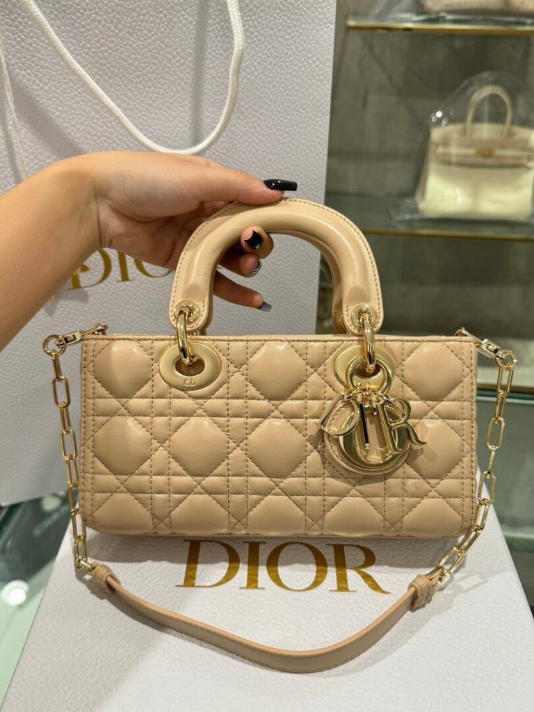 Túi Xách Hàng Hiệu Dior Lady D-Joy Nữ Màu Be Khoá Mạ Vàng 22cm (2)