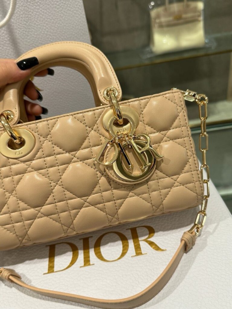 Túi Xách Hàng Hiệu Dior Lady D-Joy Nữ Màu Be Khoá Mạ Vàng 22cm (2)