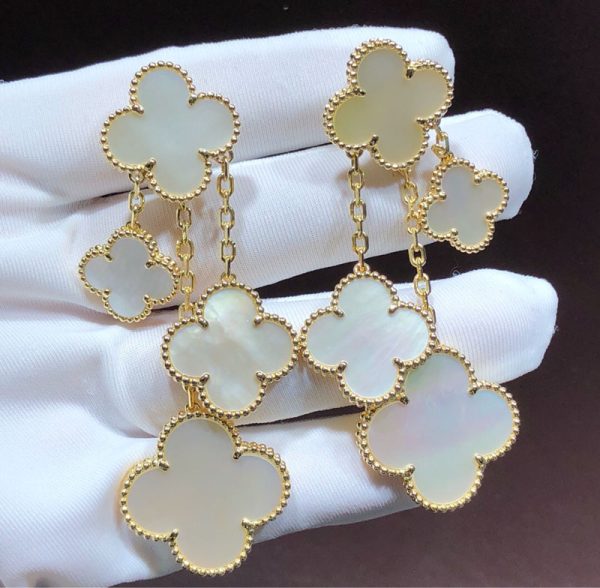 Bông Tai Nữ Van Cleef & Arpels Alhambra 4 Hoạ Tiết Tuỳ Chỉnh Xà Cừ Vàng 18K (2)