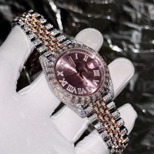 Đồng Hồ Rolex DateJust Chế Tác Kim Cương Moissanite Mặt Số Hồng 41mm (1)