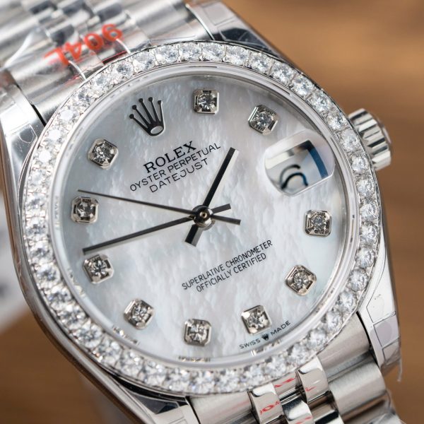 Đồng Hồ Rolex DateJust Rep 11 Nữ Mặt MOP Niềng Độ Kim Cương Moissanite 31mm