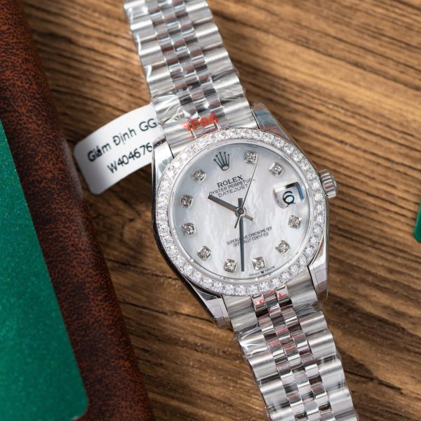 Đồng Hồ Rolex DateJust Rep 11 Nữ Mặt MOP Niềng Độ Kim Cương Moissanite 31mm