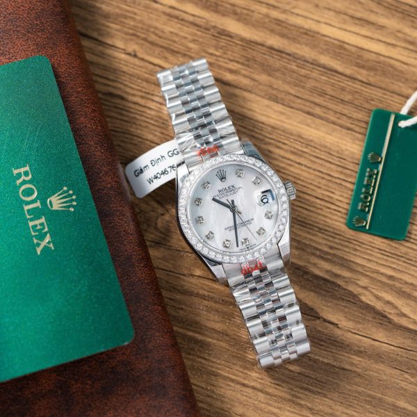 Đồng Hồ Rolex DateJust Rep 11 Nữ Mặt MOP Niềng Độ Kim Cương Moissanite 31mm