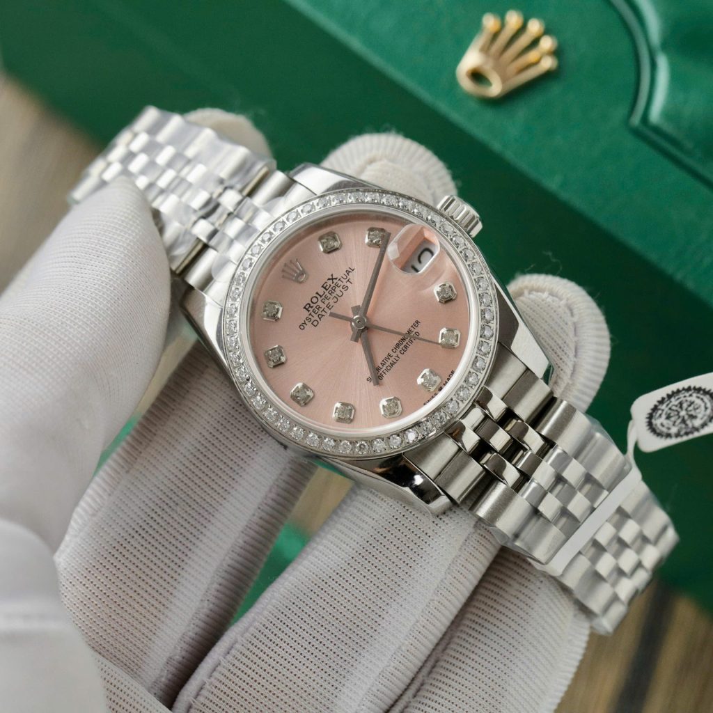 Đồng Hồ Rolex DateJust Replica 11 Nữ Mặt Hồng Đính Kim Cương Moissanite 31mm (2)