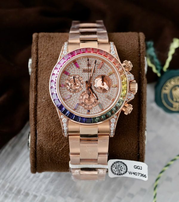 Đồng Hồ Rolex Daytona Rainbow 116595 Chế Tác Bọc Vàng Thật + Ruby + Kim Cương Moissanite 40mm (11)