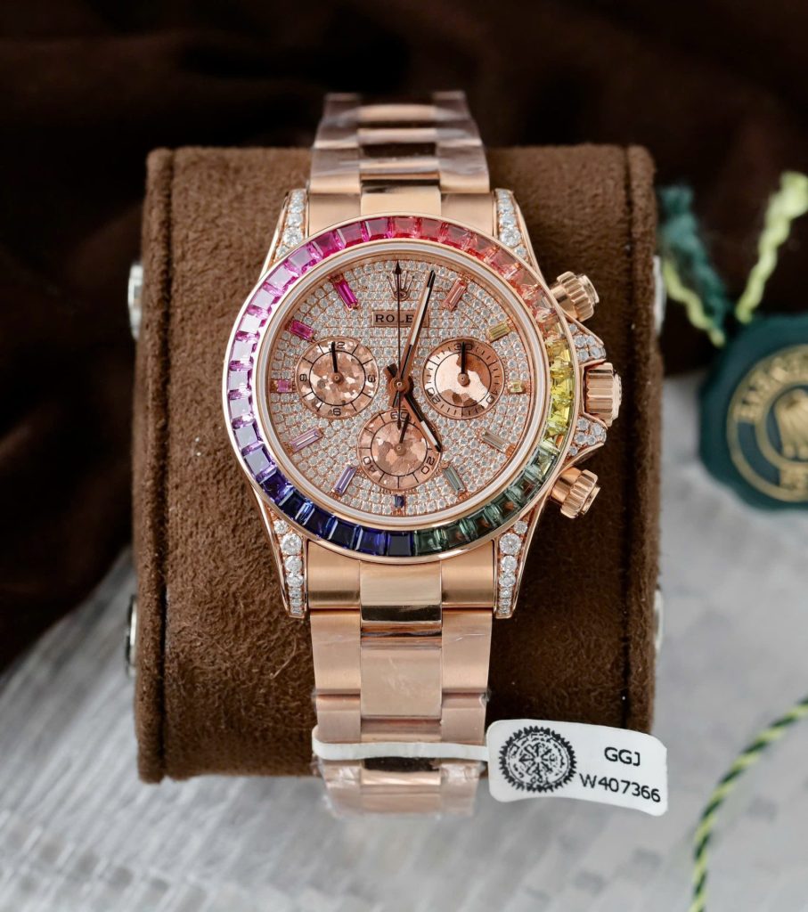 Đồng Hồ Rolex Daytona Rainbow 116595 Chế Tác Bọc Vàng Thật + Ruby + Kim Cương Moissanite 40mm (11)