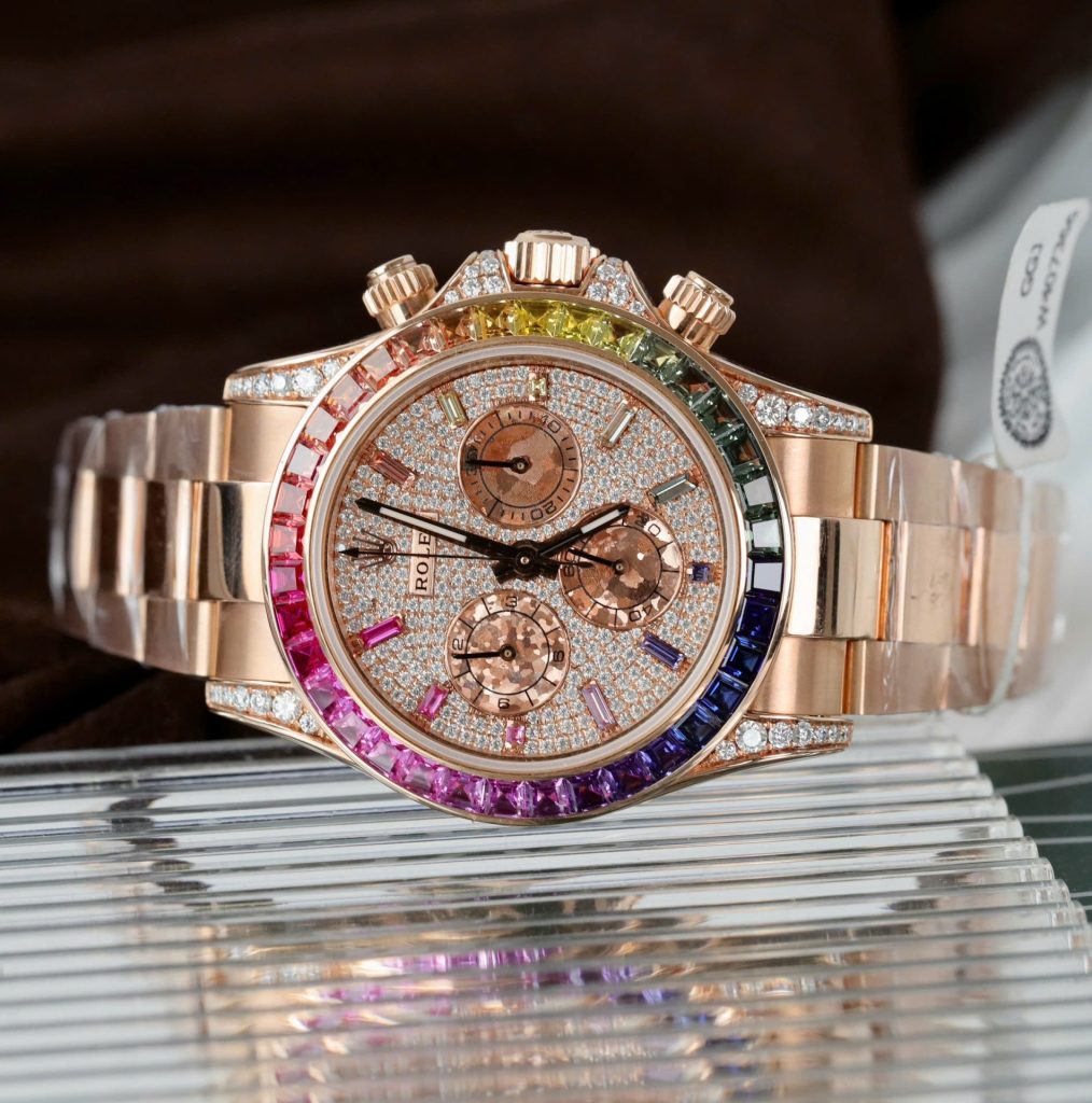 Đồng Hồ Rolex Daytona Rainbow 116595 Chế Tác Bọc Vàng Thật + Ruby + Kim Cương Moissanite 40mm (11)