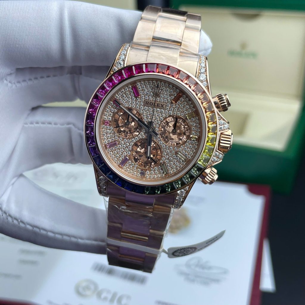 Đồng Hồ Rolex Daytona Rainbow 116595 Chế Tác Bọc Vàng Thật + Ruby + Kim Cương Moissanite 40mm (2)