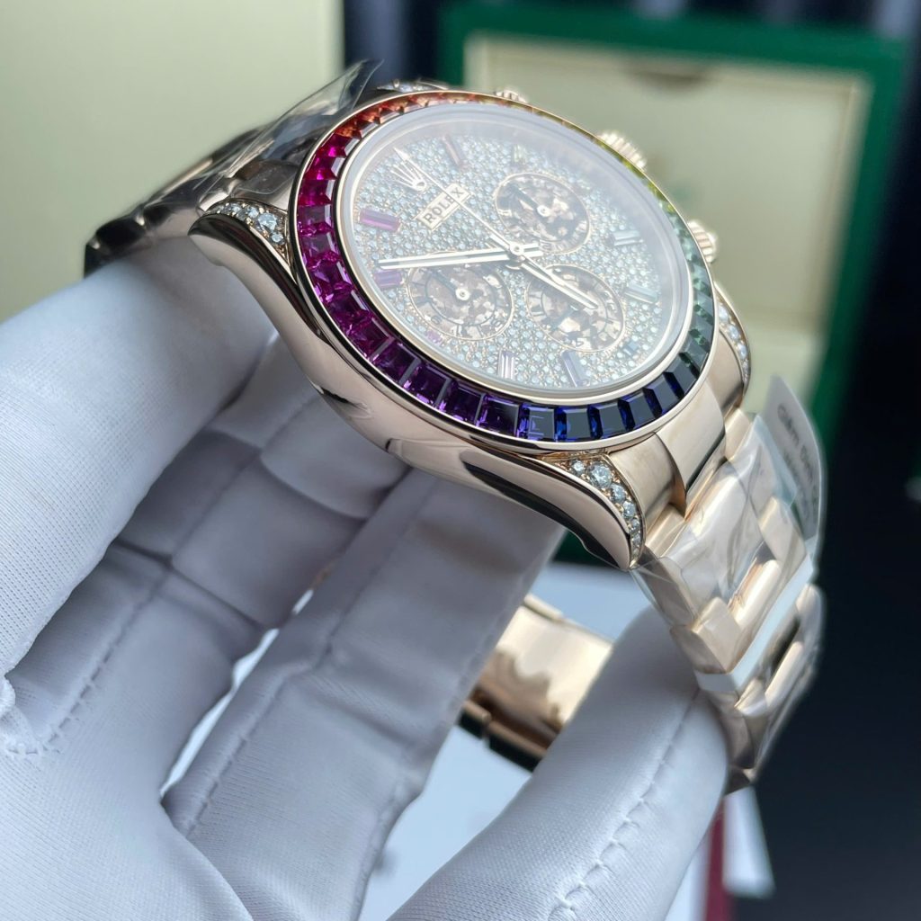 Đồng Hồ Rolex Daytona Rainbow 116595 Chế Tác Bọc Vàng Thật + Ruby + Kim Cương Moissanite 40mm (2)