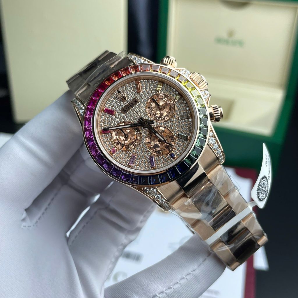 Đồng Hồ Rolex Daytona Rainbow 116595 Chế Tác Bọc Vàng Thật + Ruby + Kim Cương Moissanite 40mm (2)