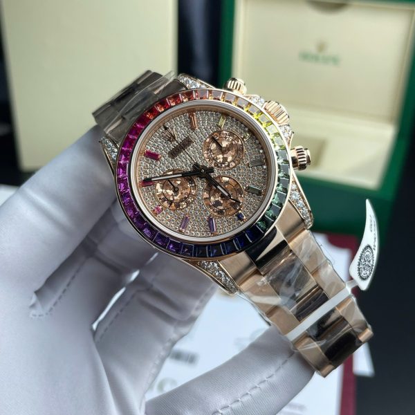 Đồng Hồ Rolex Daytona Rainbow 116595 Chế Tác Bọc Vàng Thật + Ruby + Kim Cương Moissanite 40mm (2)