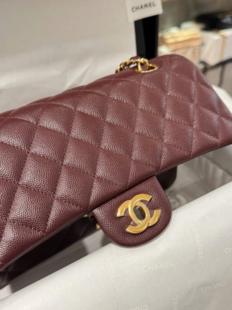 Túi Xách Chanel Classic Like Auth Nữ Màu Đỏ Mận Khoá Vàng 25cm (2)