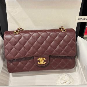 Túi Xách Chanel Classic Like Auth Nữ Màu Đỏ Mận Khoá Vàng 25cm (2)