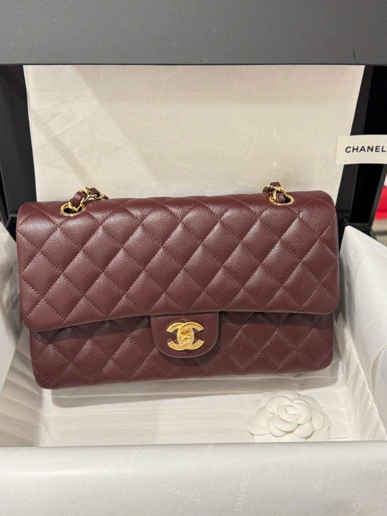 Túi Xách Chanel Classic Like Auth Nữ Màu Đỏ Mận Khoá Vàng 25cm (2)