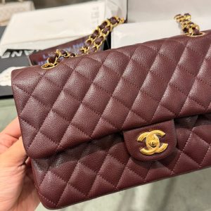 Túi Xách Chanel Classic Like Auth Nữ Màu Đỏ Mận Khoá Vàng 25cm (2)