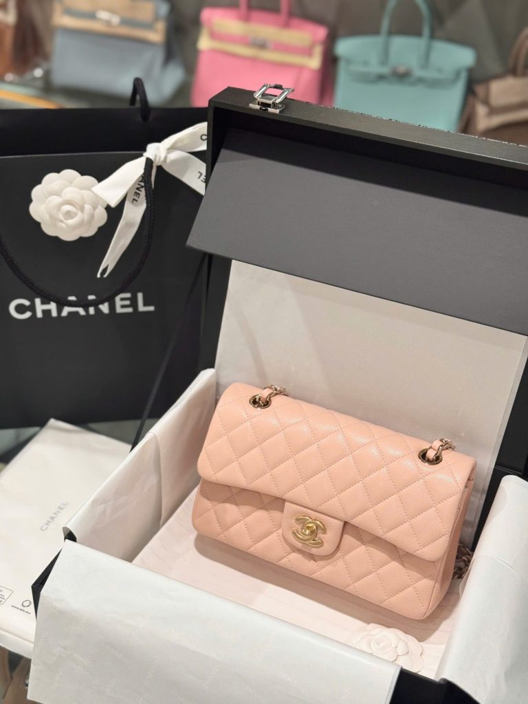 Túi Xách Chanel Classic Replica 11 Màu Hồng Nhạt Khoá Vàng Hồng 23cm (2)