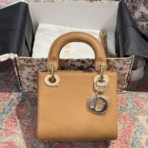 Túi Xách Dior Lady Chế Tác Cận Auth Da Thằn Lằn Màu Nâu 25cm (2)