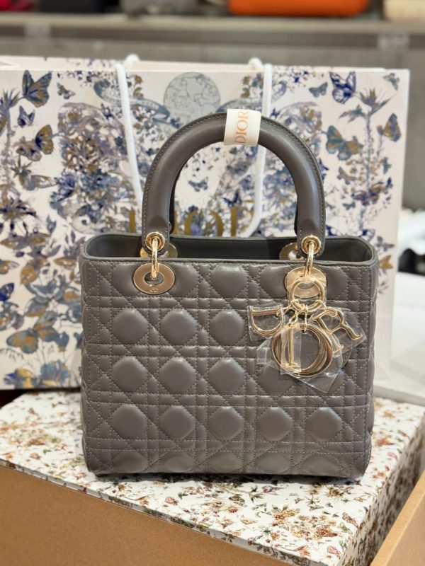 Túi Xách Dior Lady Nữ Màu Xám Da Cừu Replica 11 Cao Cấp 24cm (2)