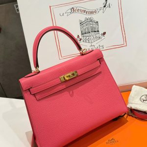 Túi Xách Hàng Hiệu Hermes Kelly Nữ Màu Hồng Đậm Khoá Vàng 25cm (2)