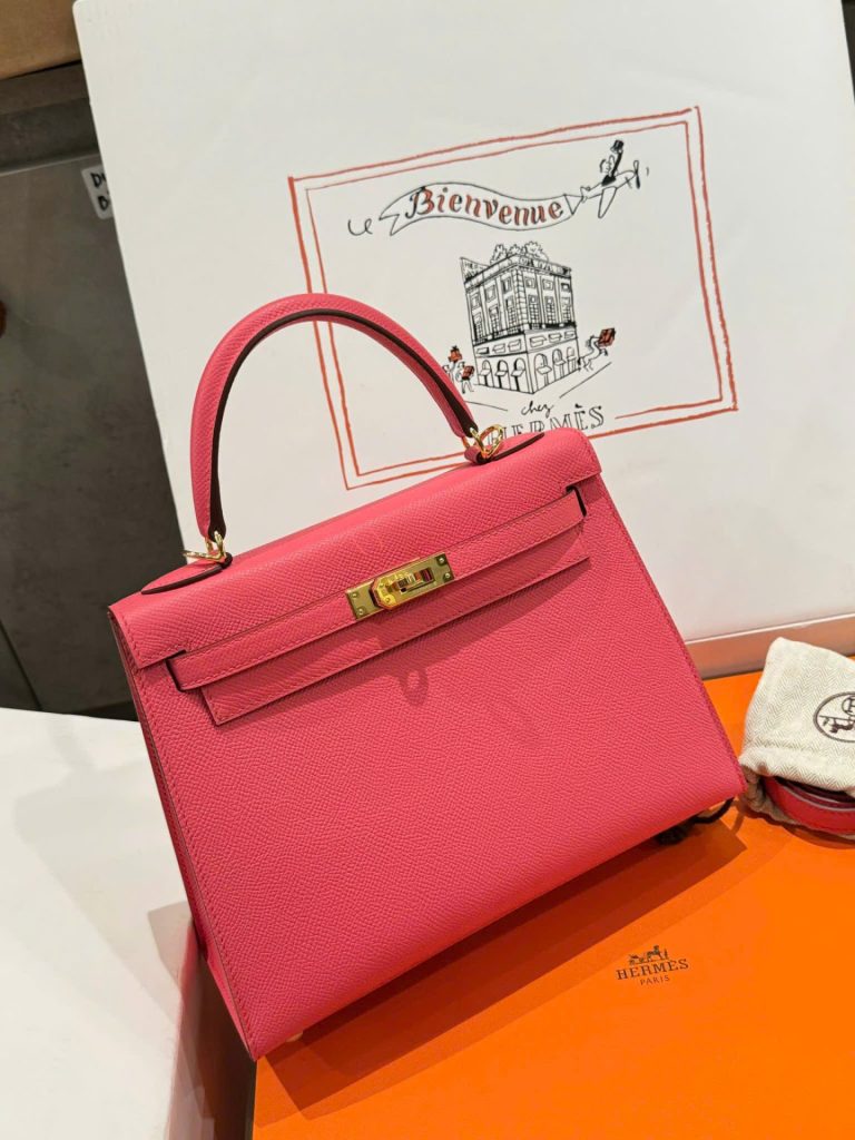 Túi Xách Hàng Hiệu Hermes Kelly Nữ Màu Hồng Đậm Khoá Vàng 25cm (2)