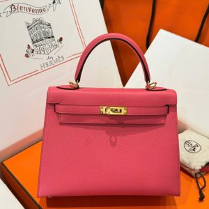 Túi Xách Hàng Hiệu Hermes Kelly Nữ Màu Hồng Đậm Khoá Vàng 25cm (2)