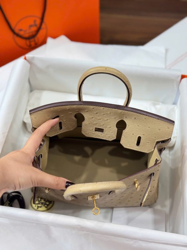 Túi Xách Hermes Birkin Cận Auth Da Đà Điểu Màu Be Khoá Vàng 25cm (2)