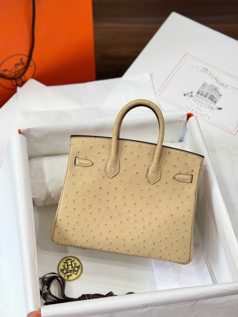 Túi Xách Hermes Birkin Cận Auth Da Đà Điểu Màu Be Khoá Vàng 25cm (2)