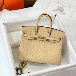 Túi Xách Hermes Birkin Cận Auth Da Đà Điểu Màu Be Khoá Vàng 25cm (2)