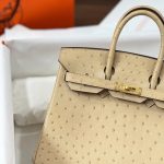 Túi Xách Hermes Birkin Cận Auth Da Đà Điểu Màu Be Khoá Vàng 25cm (2)