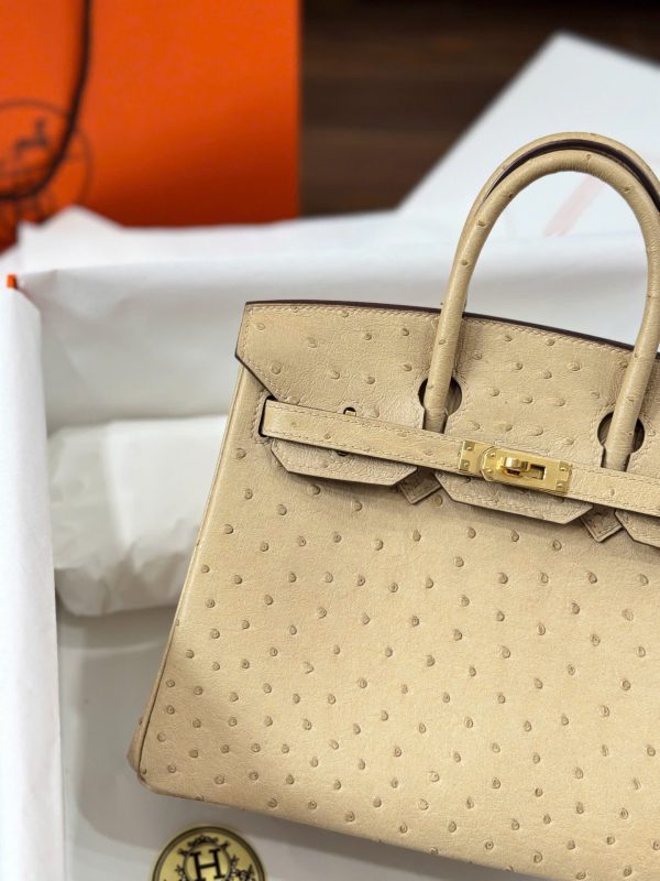 Túi Xách Hermes Birkin Cận Auth Da Đà Điểu Màu Be Khoá Vàng 25cm (2)