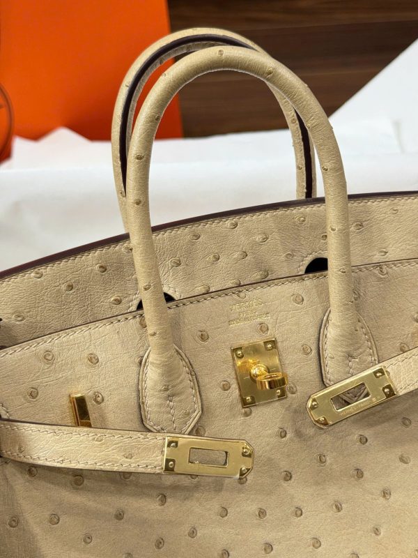 Túi Xách Hermes Birkin Cận Auth Da Đà Điểu Màu Be Khoá Vàng 25cm (2)