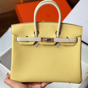 Túi Xách Hermes Birkin Cận Auth Màu Vàng Khoá Vàng Hồng 25cm (2)