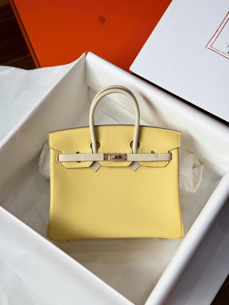 Túi Xách Hermes Birkin Cận Auth Màu Vàng Khoá Vàng Hồng 25cm (2)