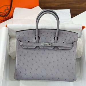 Túi Xách Hermes Birkin Chế Tác Cận Auth Da Đà Điểu Màu Xám 25cm (2)