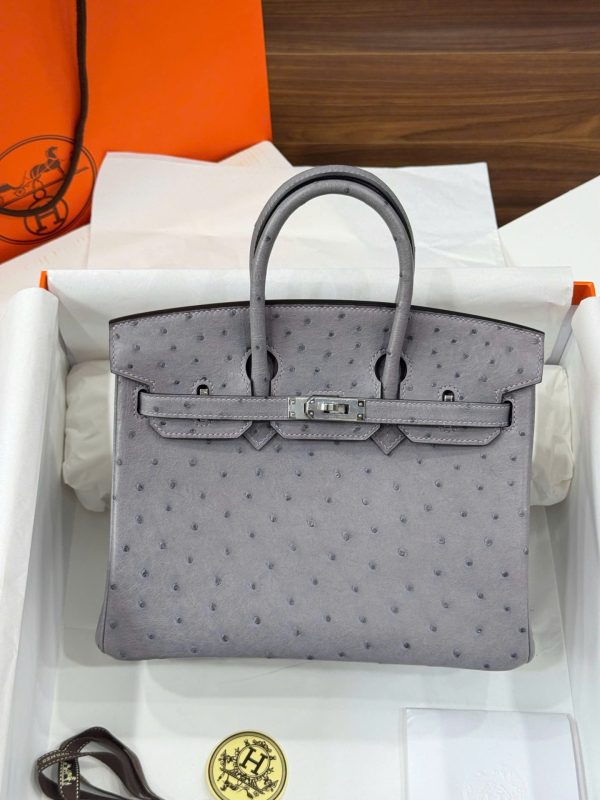 Túi Xách Hermes Birkin Chế Tác Cận Auth Da Đà Điểu Màu Xám 25cm (2)