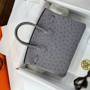 Túi Xách Hermes Birkin Chế Tác Cận Auth Da Đà Điểu Màu Xám 25cm (2)