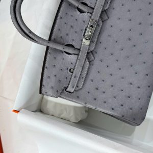 Túi Xách Hermes Birkin Chế Tác Cận Auth Da Đà Điểu Màu Xám 25cm (2)