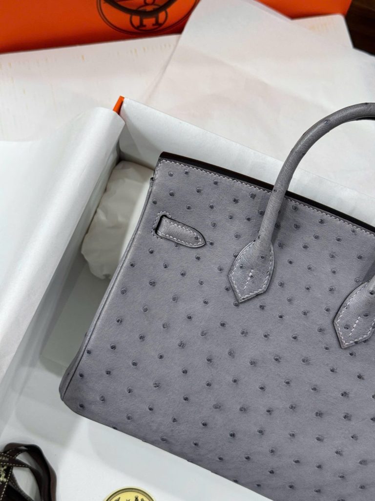 Túi Xách Hermes Birkin Chế Tác Cận Auth Da Đà Điểu Màu Xám 25cm (2)