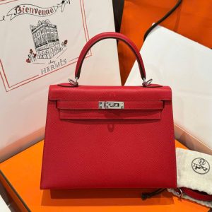 Túi Xách Hermes Kelly Like Auth Nữ Màu Đỏ Khoá Trắng 25cm (2)