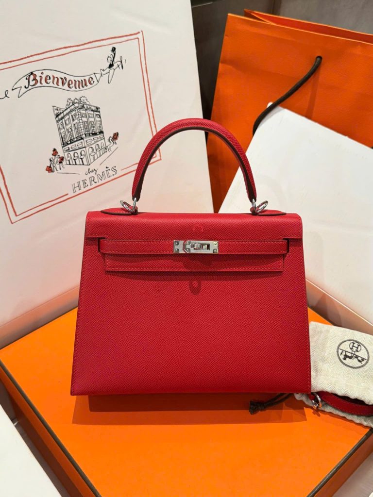 Túi Xách Hermes Kelly Like Auth Nữ Màu Đỏ Khoá Trắng 25cm (2)