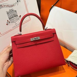 Túi Xách Hermes Kelly Like Auth Nữ Màu Đỏ Khoá Trắng 25cm (2)