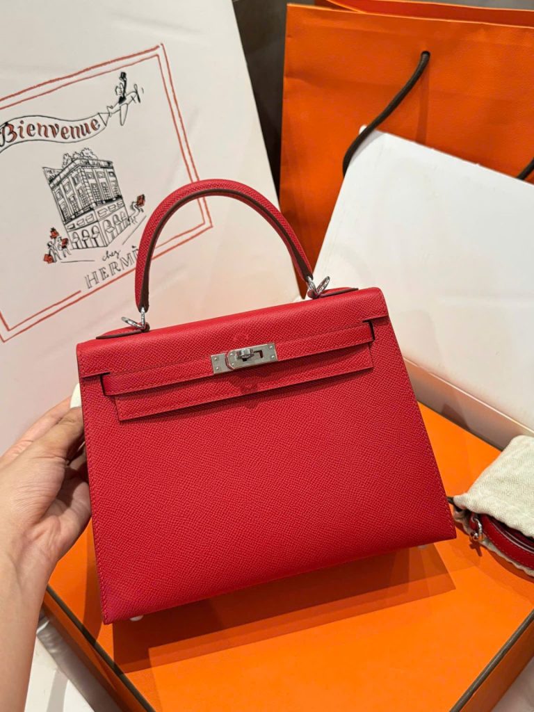 Túi Xách Hermes Kelly Like Auth Nữ Màu Đỏ Khoá Trắng 25cm (2)