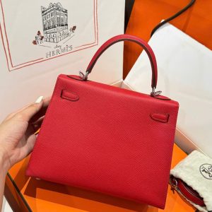 Túi Xách Hermes Kelly Like Auth Nữ Màu Đỏ Khoá Trắng 25cm (2)