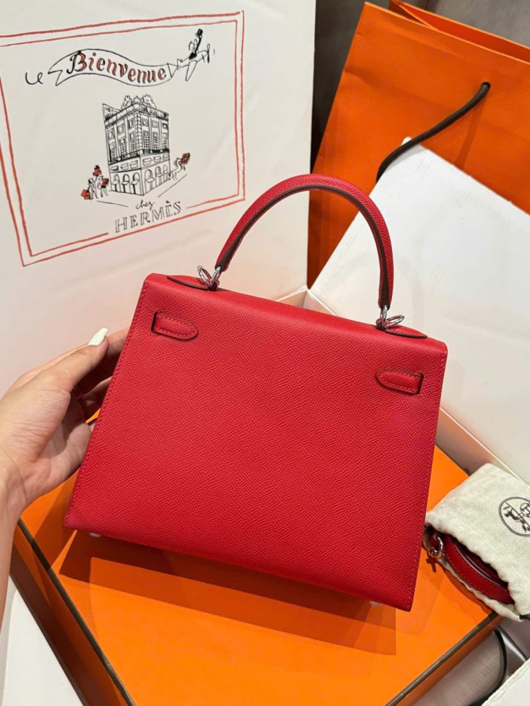 Túi Xách Hermes Kelly Like Auth Nữ Màu Đỏ Khoá Trắng 25cm (2)