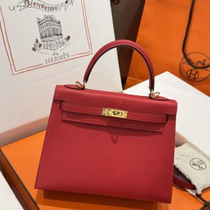 Túi Xách Hermes Kelly Like Auth Nữ Màu Đỏ Khoá Vàng 25cm (2)