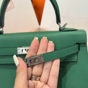 Túi Xách Hermes Kelly Like Auth Nữ Màu Xanh Là Cây Khoá Trắng 25cm (1)